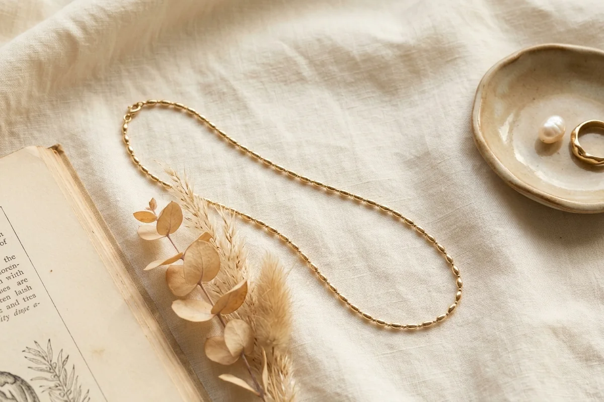 Dainty gold-tone layering necklaces and rings on a neutral linen background