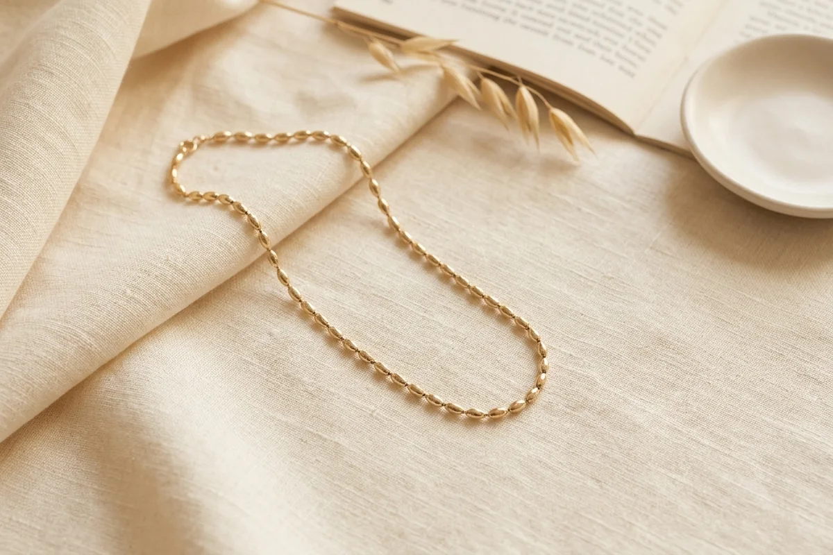 Dainty gold layering necklaces and thin stacking rings on a linen background