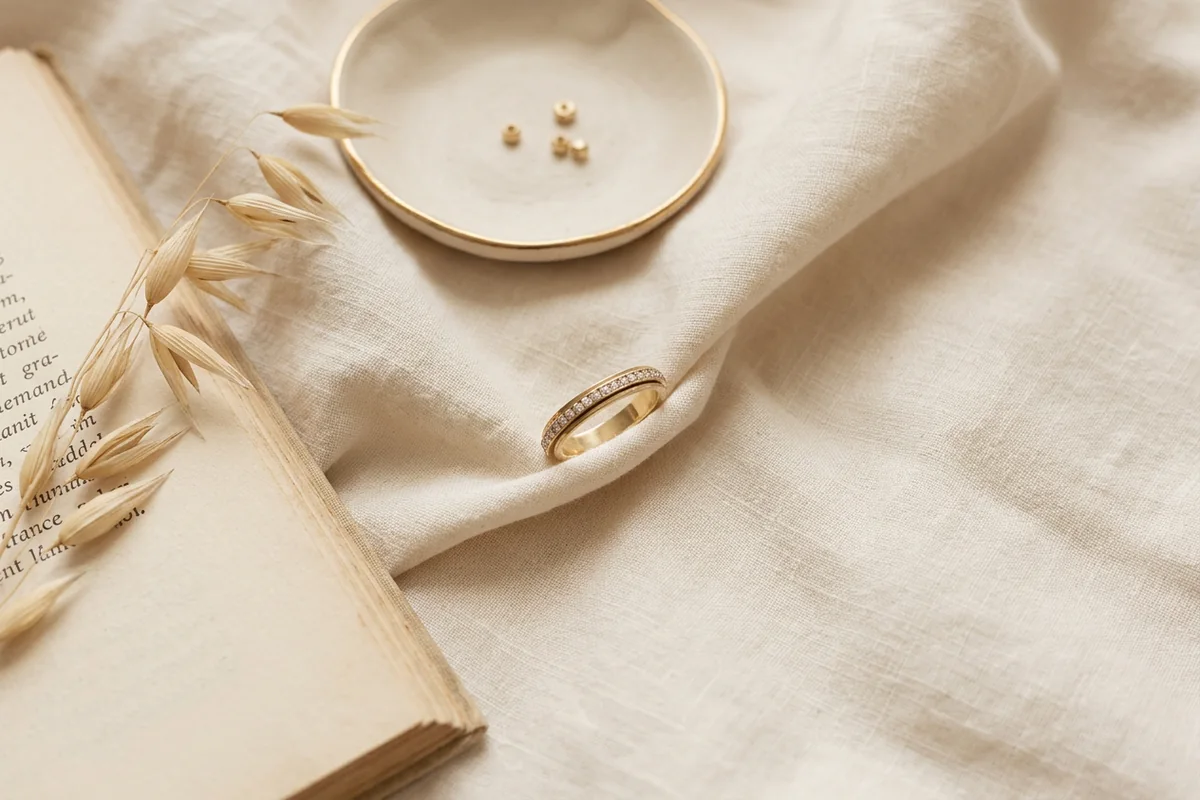 Nickel-free titanium and gold jewelry arranged on a linen background