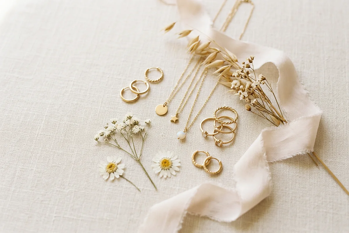 Assorted everyday gold-tone jewelry on a warm cream linen flat-lay