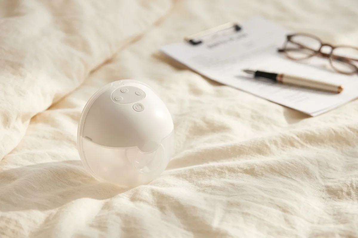 A wearable breast pump and insurance paperwork on a soft neutral background