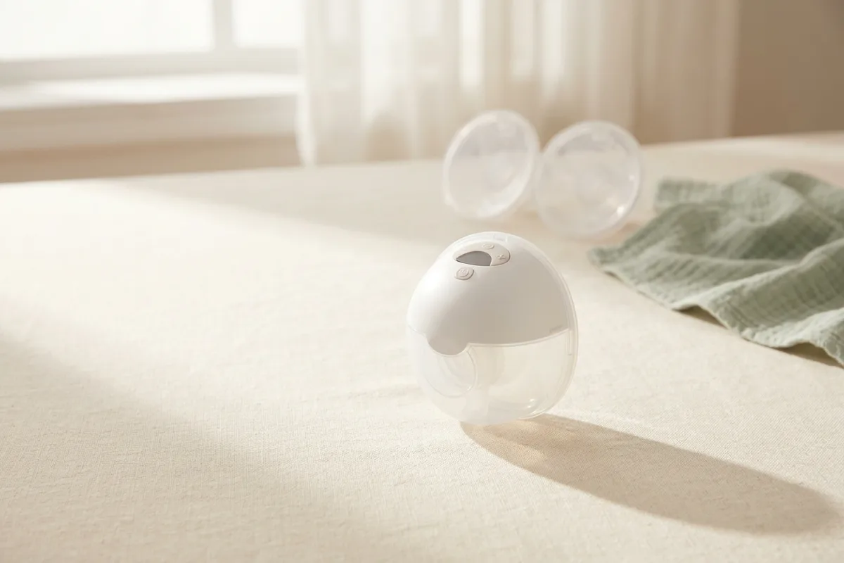 Flat-lay of Momcozy wearable breast pumps and collection cups
